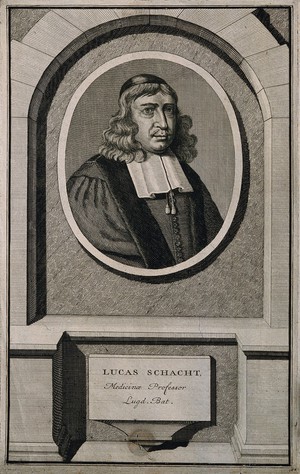 view Lucas Schacht, wearing a skull cap. Line engraving after A. van Zylvelt.