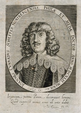 Johann Konrad Schaeffer, wearing a lace collar. Line engraving, 1642.