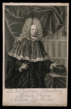 Johann Christian Schamberg, standing in front of a bookcase. Line engraving by M. Bernigeroth after D. Hoyer.