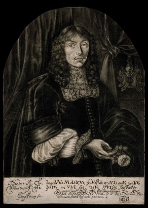 view Andreas Scharmann, wearing a lace cravat, holding a rose. Mezzotint by G. Fennitzer, 16--.