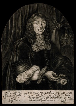 Andreas Scharmann, wearing a lace cravat, holding a rose. Mezzotint by G. Fennitzer, 16--.