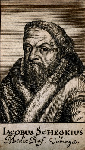 Jacob Scheckius, wearing a fur collar. Line engraving, 1688.