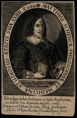 Matthias Schenck, aged 24, wearing a sword and holding a book in his right hand. Line engraving.