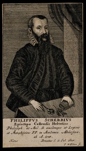 Philipp Scherb, standing at a table with a book and flowers on it. Line engraving by W. P. Kilian, 1728.