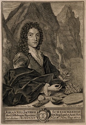 Johann Jacob Scheuchzer, holding a thistle. Line engraving by J. Nutting, 1723, after M. Füsslinus.