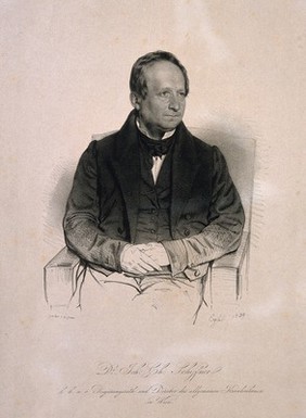 Johann Christian Schiffner, seated, with his hands clasped in his lap. Lithograph by F. Eybl, 1839.