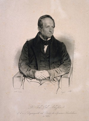 view Johann Christian Schiffner, seated, with his hands clasped in his lap. Lithograph by F. Eybl, 1839.