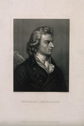 Johann Christoph Friedrich von Schiller, seated, in right profile. Engraving by J. Posselwhite after F. G. von Kügelgen.