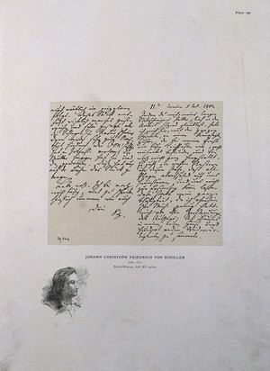 view Johann Christoph Friedrich von Schiller, with a sample of his handwriting above. Process print.