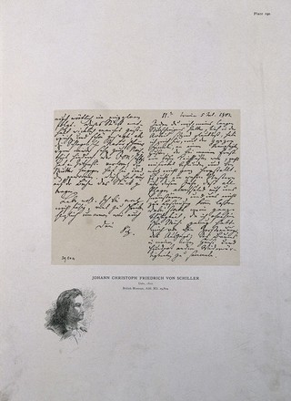 Johann Christoph Friedrich von Schiller, with a sample of his handwriting above. Process print.