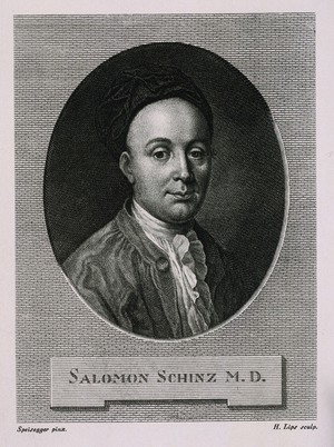 view Salomon Schinz. Reproduction of line engraving by J. H. Lips after A. Speisegger.