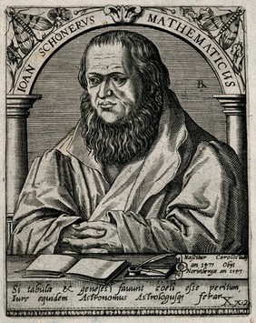 Johann Schoener [Schonerus] von Karlstadt. Line engraving by T. de Bry.