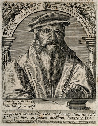 Erasmus Oswald Schreckefuchs. Line engraving by T. de Bry.