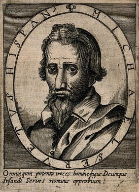 Michael Servetus. Line engraving, 1696, after C. van Sichem, 1607.