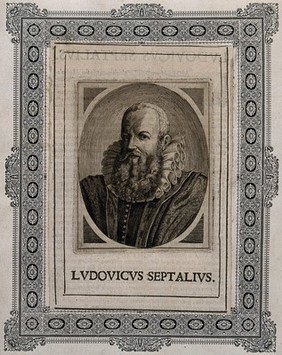 Luigi Settala. Line engraving, 1640, after R. Sadeler, 1607.