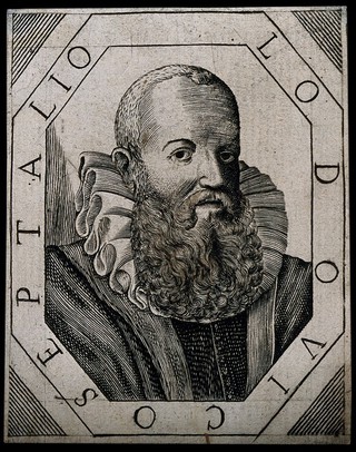 Luigi Settala. Line engraving, 1666, after R. Sadeler, 1607.