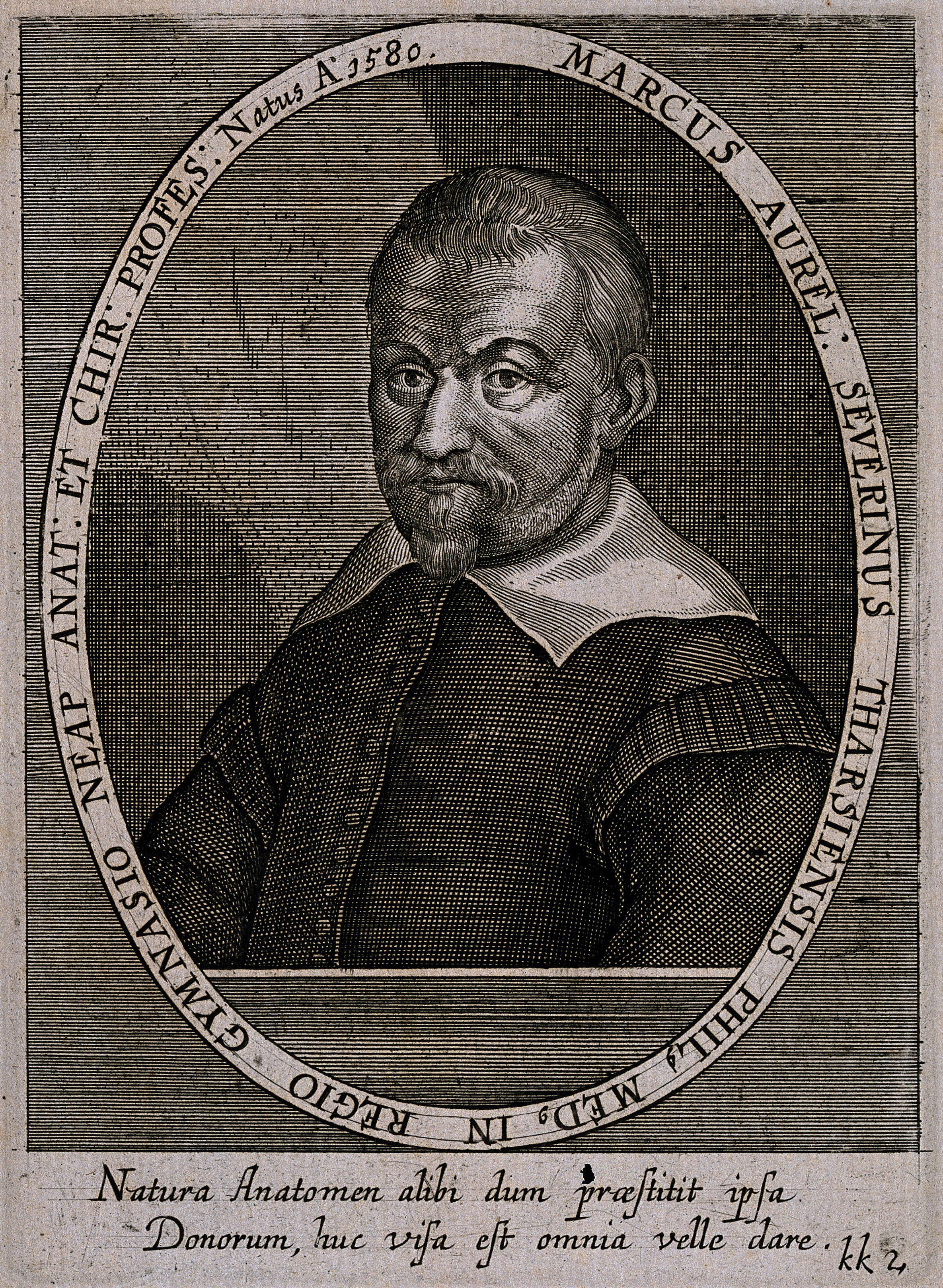 Marco Aurelio Severino. Line engraving by C. Ammon [?], 1650.