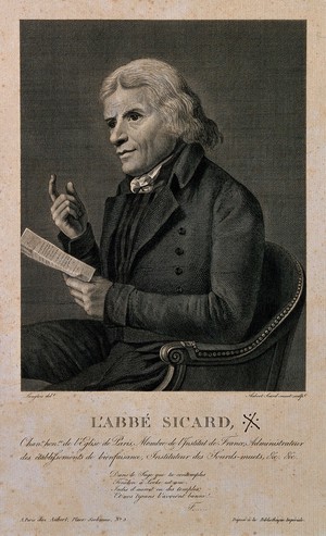 view Roch Ambroise Cucurron Sicard, Abbé Siccard. Line engraving by A. Aubert after J.-M. Langlois, 1812.