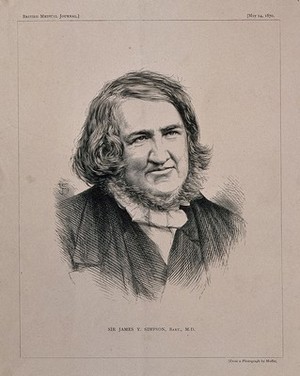 view Sir James Young Simpson. Wood engraving by R. Taylor, 1870, after T.D Scott after J. Moffat.