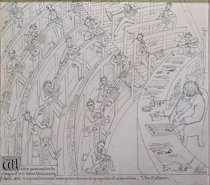 Sir James Young Simpson invigilating an examination. Pen drawing by [E.A.G. S.], 1862.