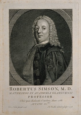 Robert Simson. Line engraving by A. Ballie, 1776, after W. De Nune, 1746.