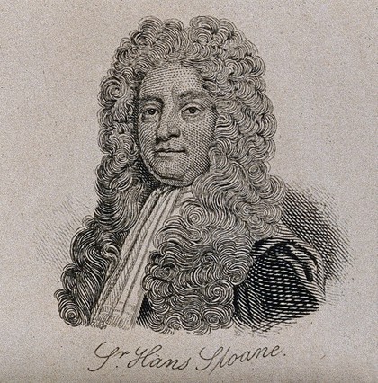 Sir Hans Sloane. Line engraving by W. H. Lizars after T. Murray, 1722.