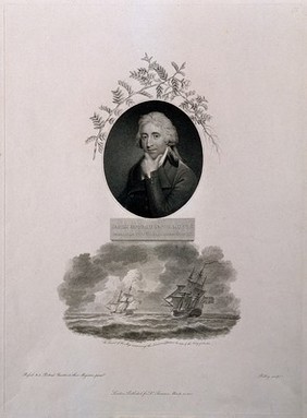 Sir James Edward Smith: portrait (above) and vignette (below) of his ship escaping from Sweden loaded with the Linnaean collections. Stipple and line engraving by W. Ridley, 1800, after J. Russell.