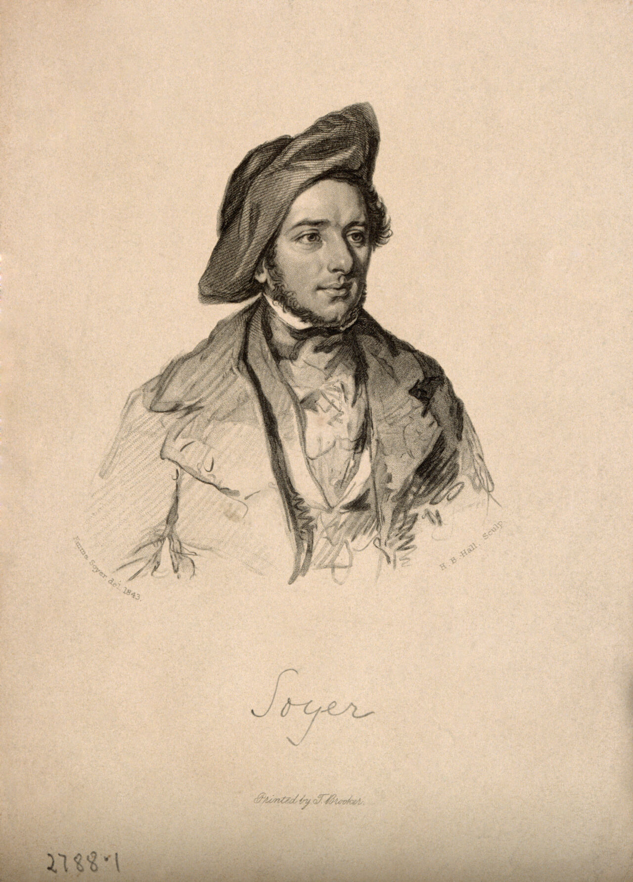 Alexis Benoît Soyer. Stipple engraving by H. B. Hall, 1859, after E. Soyer, 1843., 1859, by Emma Soyer