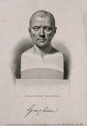 view Johann Caspar Spurzheim. Stipple engraving by J. Thomson, 1825, after H. Corbould after a sculpted bust.