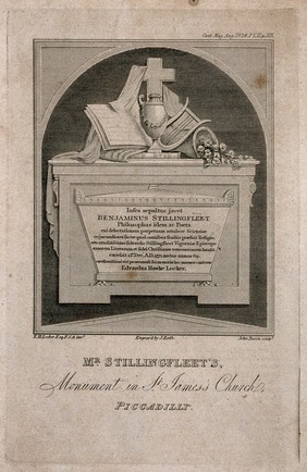 Monument to Benjamin Stillingfleet. Line engraving by J. Roffe, 1824, after E. H. Locker after J. Bacon.