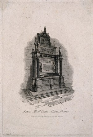 view Thomas Sutton: his tomb. Line engraving by J. Storer, 1808, after T. Whichelo.