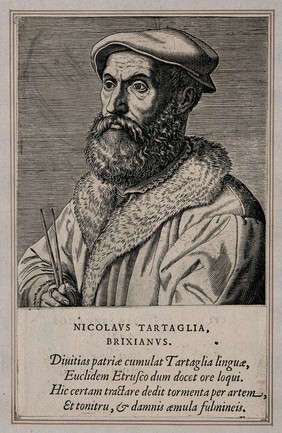 Niccolo Tartaglia. Line engraving after P. Galle.