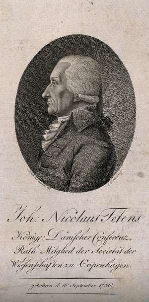 view Johann Nicolaus Tetens. Stipple engraving by Laurens after G. L. Lahde.