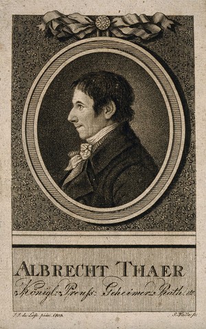 view Albrecht Daniel Thaer. Stipple engraving by S. Halle after J. J. de Lose, 1803.