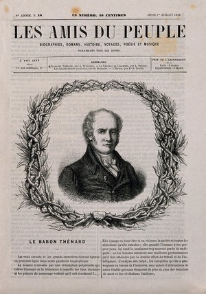 view Louis-Jacques, Baron Thénard. Wood engraving by P.R., 1858, after L. de Montjoye.