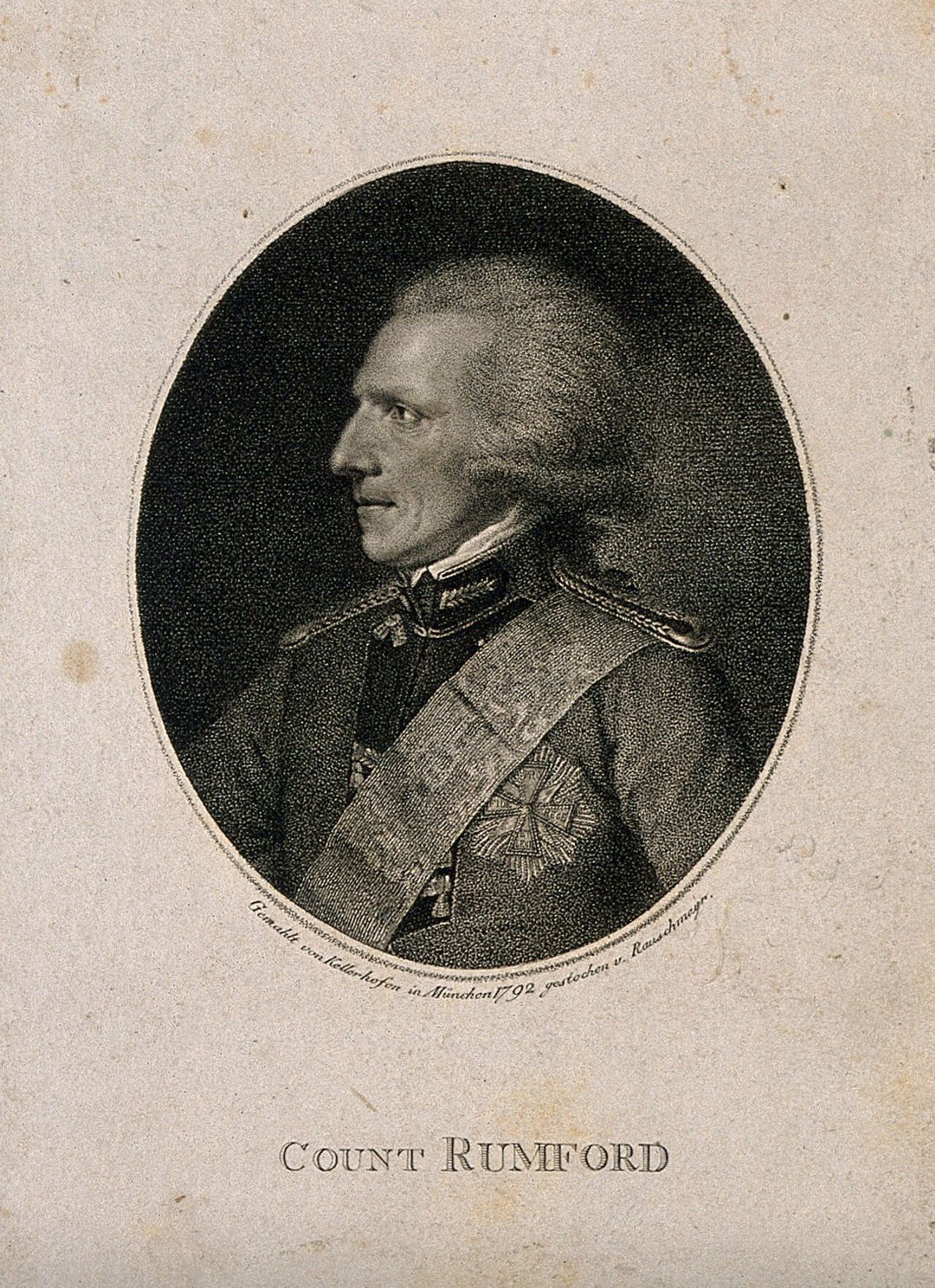 Sir Benjamin Thompson, Count von Rumford. Stipple engraving by J.P.P. Rauschmayr after M. Kellerhoven, 1792., by Moritz Kellerhoven