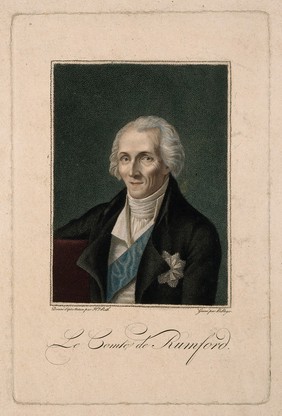 Sir Benjamin Thompson, Count von Rumford. Coloured stipple engraving by B. Roger after H. Rath.