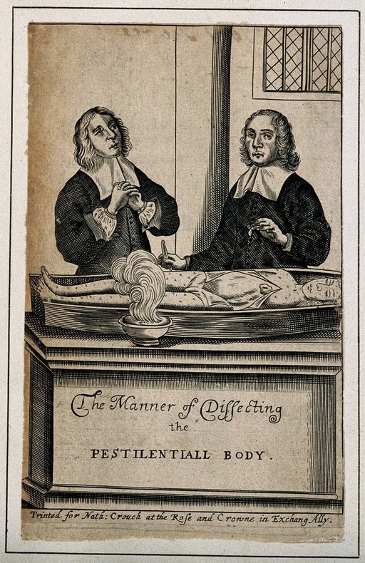 Two men dissecting a body with plague.