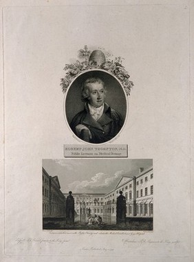 Robert John Thornton, and the entrance to Guy's Hospital. Stipple engraving by F. Bartolozzi, 1799, after J. Russell, and W. Woolnoth after J. Elmes.