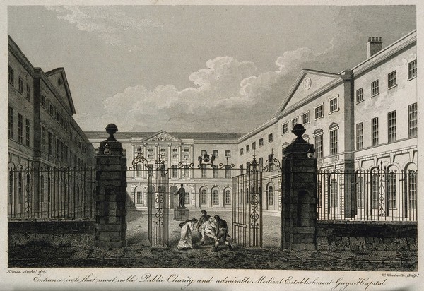 Robert John Thornton, and the entrance to Guy's Hospital. Stipple engraving by F. Bartolozzi, 1799, after J. Russell, and W. Woolnoth after J. Elmes.