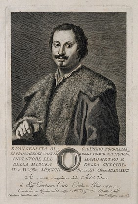 Evangelista Torricelli. Line engraving by F. Allegrini, 1760, after G. Traballesi.