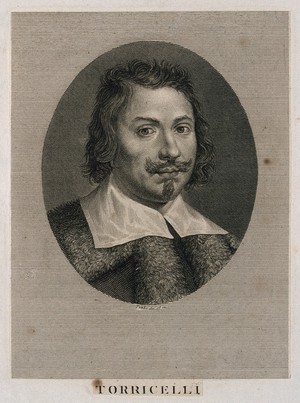 view Evangelista Torricelli. Line engraving by Tomba after himself.