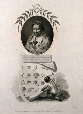 Joseph Pitton de Tournefort, with a vignette of his taxonomic system. Stipple engraving by J. Hopwood, 1802.