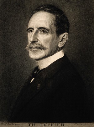 view Théodore Tuffier. Etching by A. F. Dezarrois after M. A. Baschet, 1925.