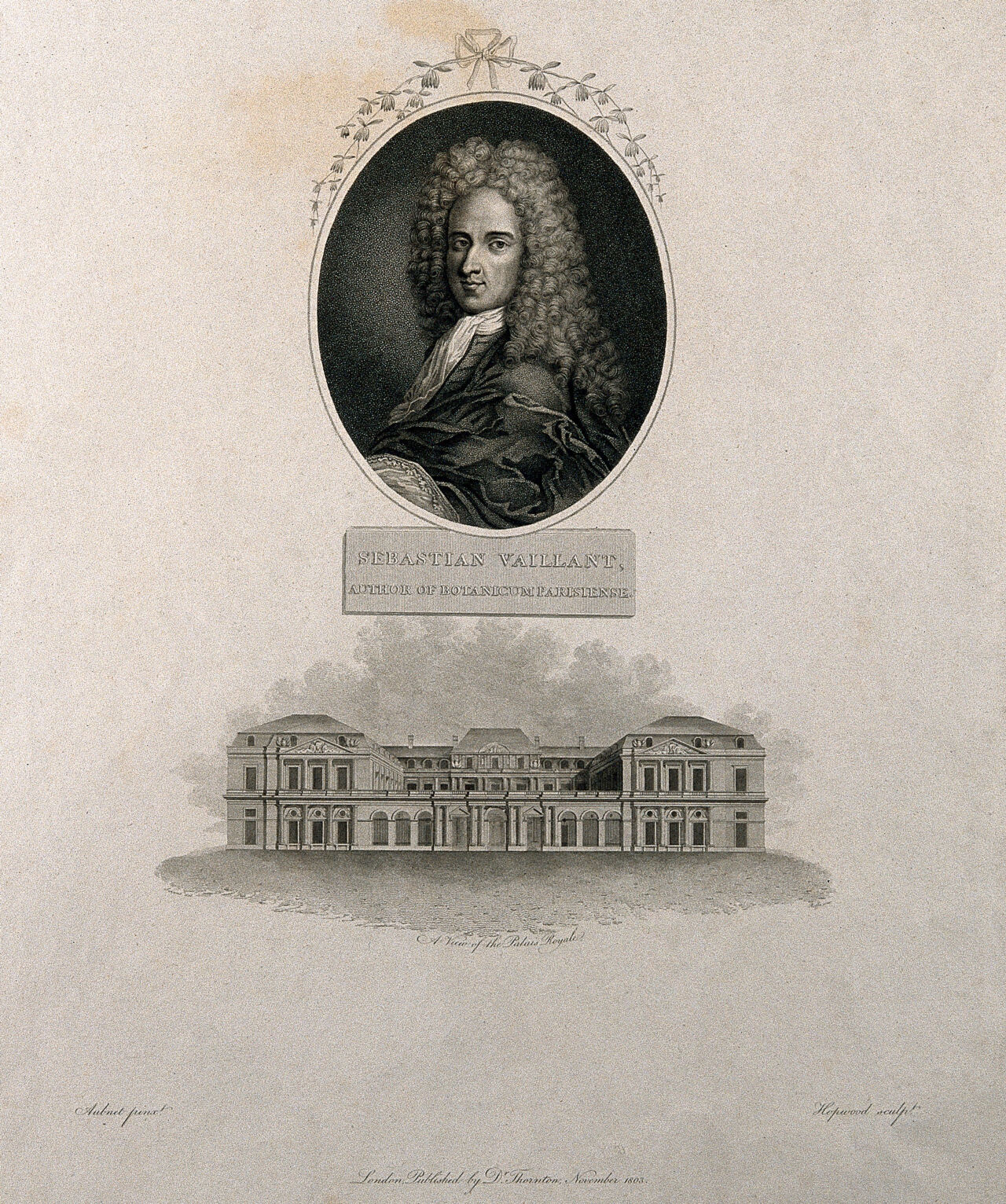 Sébastien Vaillant and Palais Royal, Paris. Stipple engraving by J. Hopwood, 1803, after C. Aubriet., 1803, by Claude Aubriet
