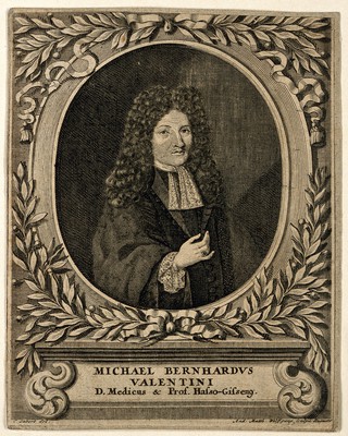 Michael Bernardus Valentini. Line engraving by A. M. Wolffgang, 1701, after C. Labert.