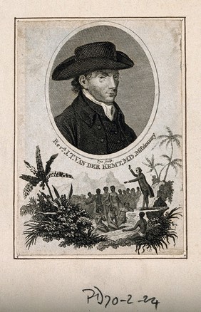 Johannes Theodorus van der Kemp: above, head and shoulders, wearing hat; below, as missionary preaching to Xhosa or Khoi-Khoi people. Line engraving by C. Pye.