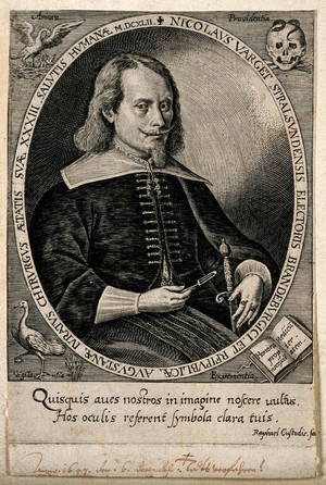 view Nicolaus Varget. Line engraving by R. Custos, 1642.