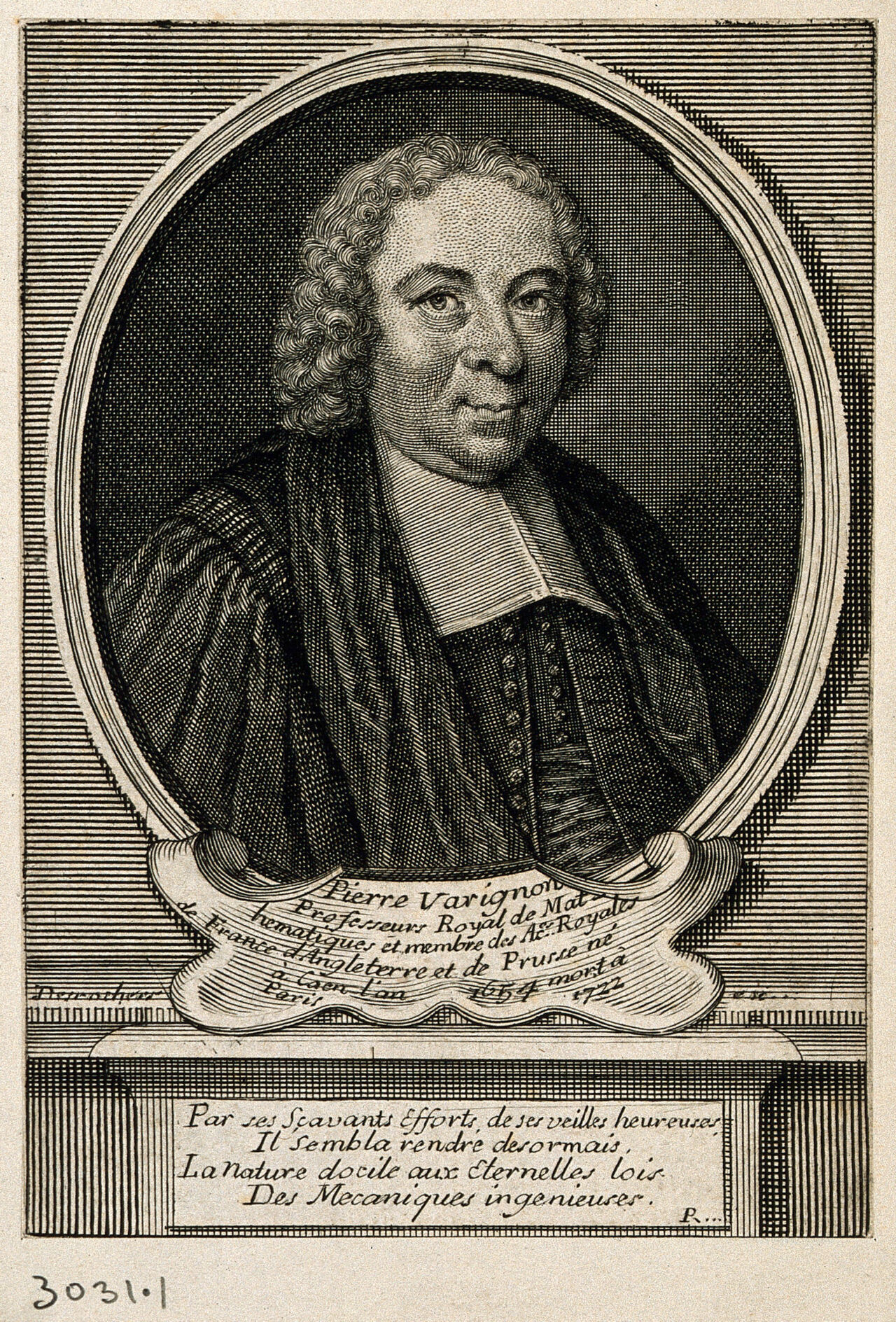 Pierre Varignon. Line engraving by E. Desrochers., by Étienne-Jehandier Desrochers