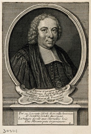 view Pierre Varignon. Line engraving by E. Desrochers.